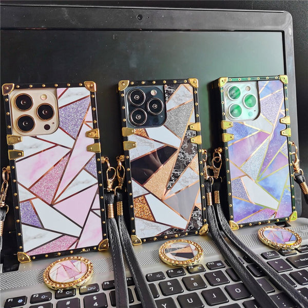 Fashion Glitter Diamond Square Lanyard Geometric Splicing Case for iPhone 14 13 12 series