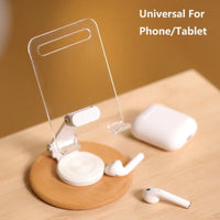 Foldable Transparent Acrylic Smartphone Bracket Rotation Stand With Wood Desk Holder For iPhone Samsung Huawei Xiaomi