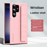 Luxury Plain Color PU Leather Wristband Strap Shockproof Case For Samsung Galaxy S23 S22 Ultra Plus