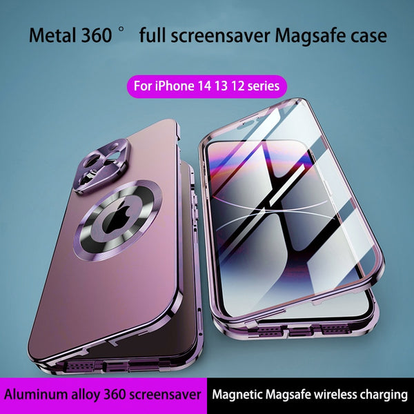 360° Full Screen Lens Metal Magnetic Magsafe Cases Aluminum Alloy HD Glass Case For iPhone 14 13 12 series