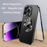 360° Fully Sealed Magnetic Adsorption Metal Alloy HD Glass Double Sided Protection Case For iPhone 14 13 12 series