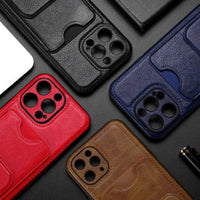 PU Leather Ultra Thin Camera Protection KickStand Card Slot Case for iPhone 14 13 12 series