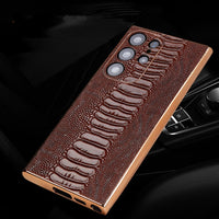 Cowhide Leather Glossy Frame Armor Case for Samsung Galaxy S23 Ultra Plus