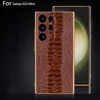 Cowhide Leather Glossy Frame Armor Case for Samsung Galaxy S23 Ultra Plus