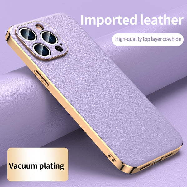 Genuine Cowhide Leather Plating Shockproof Lens Protection Case for iPhone 14 13 12 series