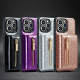Glitter Leather Zipper Wallet Detachable Cards Slot Magnetic Case For iPhone 14 13 12 series