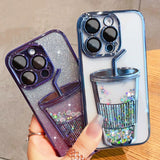 Glitter Quicksand Bubble Tea Cup Clear Soft Case For iPhone 14 13 12 series