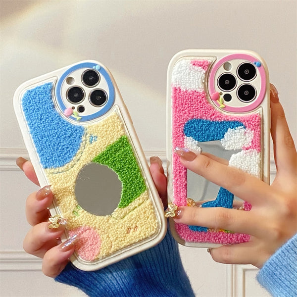 Mirror Cute Love Heart Embroidery Flower Fluffy Soft Case for iPhone 14 13 12 series