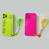 Smiley Fluorescence Lanyard Silicone Case for iPhone 14 13 12 series