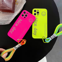 Smiley Fluorescence Lanyard Silicone Case for iPhone 14 13 12 series