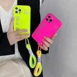 Smiley Fluorescence Lanyard Silicone Case for iPhone 14 13 12 series