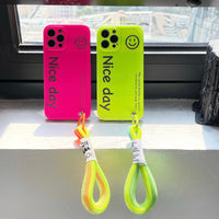 Smiley Fluorescence Lanyard Silicone Case for iPhone 14 13 12 series