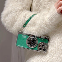 3D Luxury Camera With Hand Strap Leather Pattern Case for iPhone 15 14 13 12 series