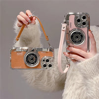 3D Luxury Camera With Hand Strap Leather Pattern Case for iPhone 15 14 13 12 series