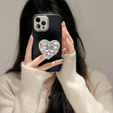 Cute Pink White Soft Case With Jewelled Heart Bracket For iPhone 14 13 12 series