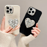 Cute Pink White Soft Case With Jewelled Heart Bracket For iPhone 14 13 12 series