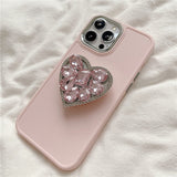 Cute Pink White Soft Case With Jewelled Heart Bracket For iPhone 14 13 12 series