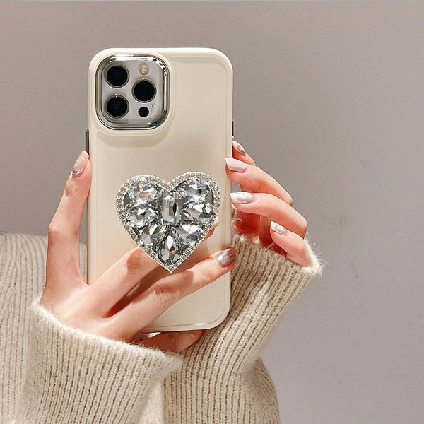 Cute Pink White Soft Case With Jewelled Heart Bracket For iPhone 14 13 12 series