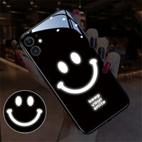 Keep Smiling Pattern Tempered Glass Glitter LED Light Up Glowing Luminous Slogan Case For iPhone 15 14 13 12 series