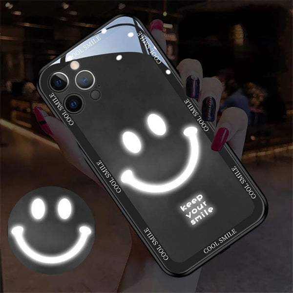 Keep Smiling Pattern Tempered Glass Glitter LED Light Up Glowing Luminous Slogan Case For iPhone 15 14 13 12 series