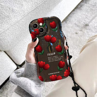 Cute Wave Rose Flower Love Heart Soft Case With Hang Chain For iPhone 14 13 12 series