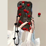 Cute Wave Rose Flower Love Heart Soft Case With Hang Chain For iPhone 14 13 12 series