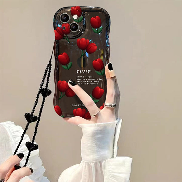 Cute Wave Rose Flower Love Heart Soft Case With Hang Chain For iPhone 14 13 12 series