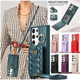 Crossbody Lanyard Vertical Flip Leather Wallet Card Metal Ring Case for Samsung Galaxy S23 S22 S21 Ultra Plus