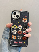 Lovely Puppy Dogs Embroidered Denim Fabric Shockproof Case For iPhone 15 14 13 12 series