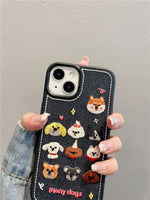 Lovely Puppy Dogs Embroidered Denim Fabric Shockproof Case For iPhone 15 14 13 12 series