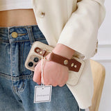 Luxury White Brown Minimalism Soft Leather Case With Wristband iPhone 15 14 13 12 series