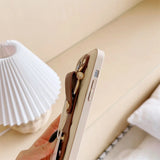 Luxury White Brown Minimalism Soft Leather Case With Wristband iPhone 15 14 13 12 series