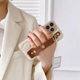 Luxury White Brown Minimalism Soft Leather Case With Wristband iPhone 15 14 13 12 series