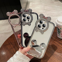 Glitter Diamond Bear Stand Holder Transparent Plating Silicone Case for iPhone 14 13 12 series