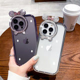 Glitter Diamond Bear Stand Holder Transparent Plating Silicone Case for iPhone 14 13 12 series