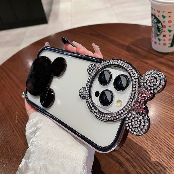 Glitter Diamond Bear Stand Holder Transparent Plating Silicone Case for iPhone 14 13 12 series