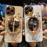 Glitter Diamond Butterfly Mirror Pearl Folding Stand Case For iPhone 14 13 12 series