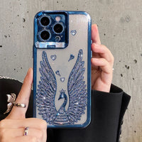 Glitter Diamond Transparent Glass Case With Lens Protection Hidden Bracket For iPhone 15 14 13 12 series