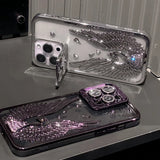 Glitter Diamond Transparent Glass Case With Lens Protection Hidden Bracket For iPhone 15 14 13 12 series