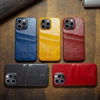 Glossy Oil Wax Leather Dual Card Slot Holder Case for iPhone 14 13 12 series