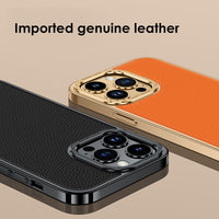 Luxury Leather Frame Metal Lens Protection Case For iPhone 14 13 12 series