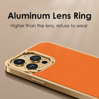 Luxury Leather Frame Metal Lens Protection Case For iPhone 14 13 12 series