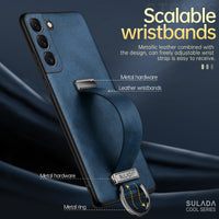 Luxury Leather Case With Portable Wristband Hand Strap Kickstand Metal Ring For Samsung Galaxy S23 S22 Ultra Plus