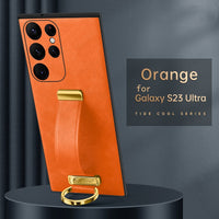 Luxury Leather Case With Portable Wristband Hand Strap Kickstand Metal Ring For Samsung Galaxy S23 S22 Ultra Plus