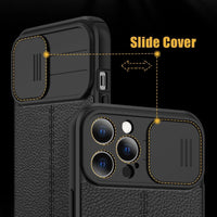 Luxury Leather Case with Slide Camera Lens Protection for iPhone 14 13 12 series