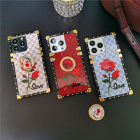 Luxury Mirror Face Plaid Red Rose Flower Case For iPhone 14 13 12 series