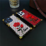 Luxury Mirror Face Plaid Red Rose Flower Case For iPhone 14 13 12 series