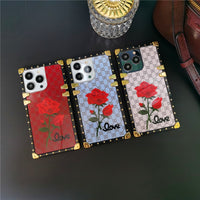 Luxury Mirror Face Plaid Red Rose Flower Case For iPhone 14 13 12 series