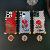 Luxury Mirror Face Plaid Red Rose Flower Case For iPhone 14 13 12 series