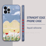 Luxury Oil Painting Flower Silicone Case With Lanyard For iPhone 14 13 12 series